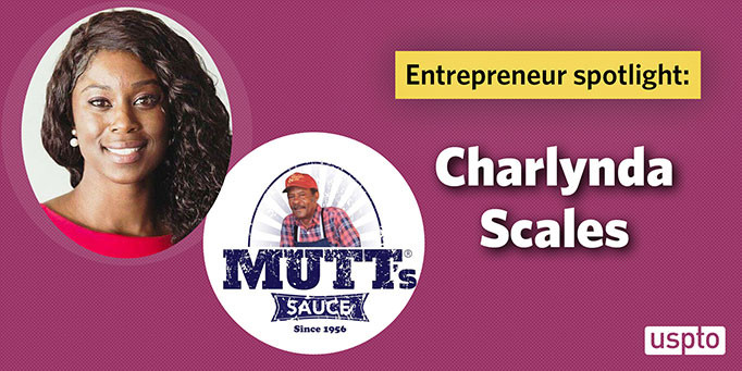 Charlynda Scales headshot and Mutt's Sauce logo against a pink background