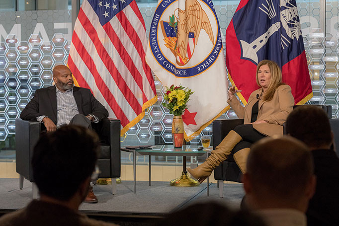 Director Vidal holds a discussion with the USPTO's Military Association's President Alford Kindred in front of an audience