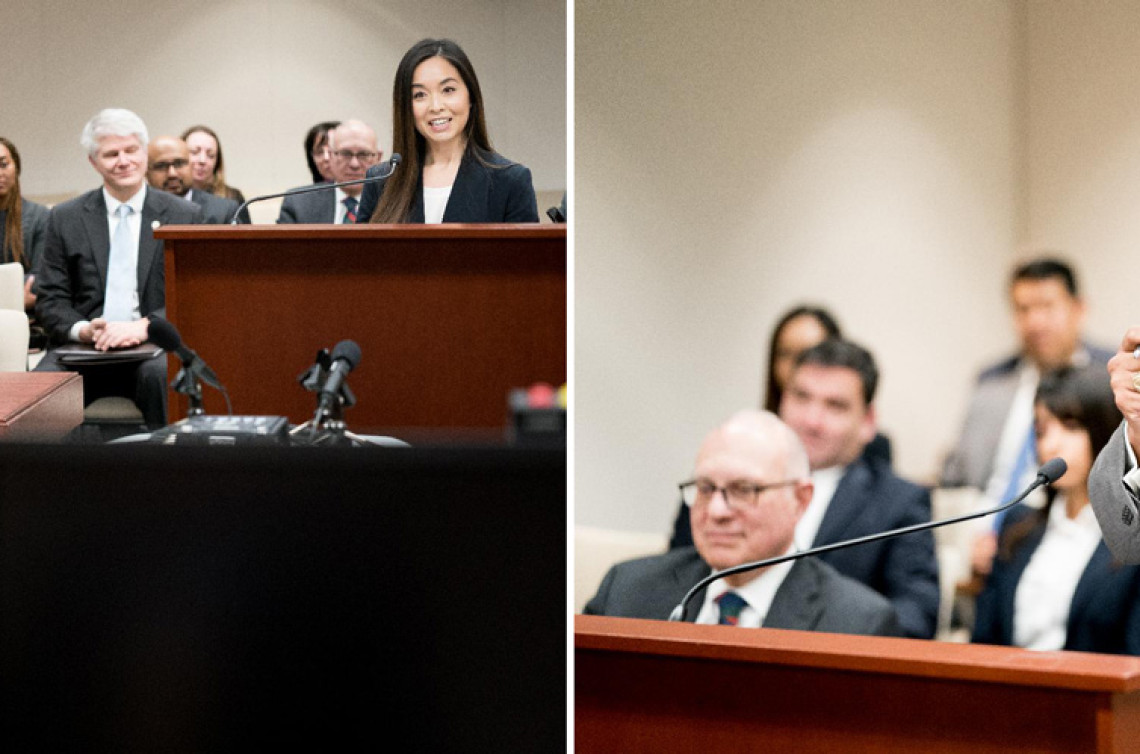 PTAB proceedings collage showing woman speaking at podium while audience is actively engaged and another of a man speaking at podium