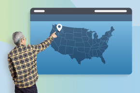 A illustration of a webpage that displays a map of the USA and a location marker. A man is standing in front of the map, pointing to the location marker. 