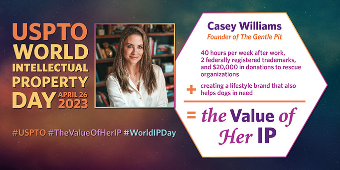 "The Value of Her " infographic: Casey Williams' 40 hours per week, 2 trademarks, $20,000 in donations to rescue organizations, and creating a lifestyle brand that helps dogs is the value of her IP