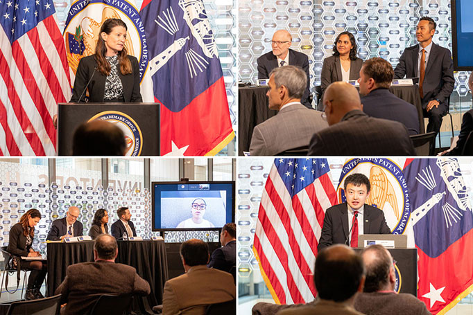 Collage of photos showing woman standing at podium speaking to an audience, three people sitting on a panel before an audience, an audience diverts their attention to a webcast, and man at podium speaking to audience from AI public listening session