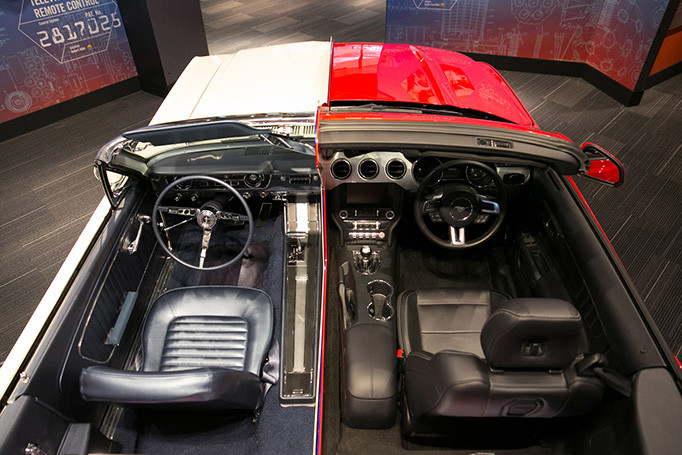 Overhead view of a Ford Mustang display showing its evolution