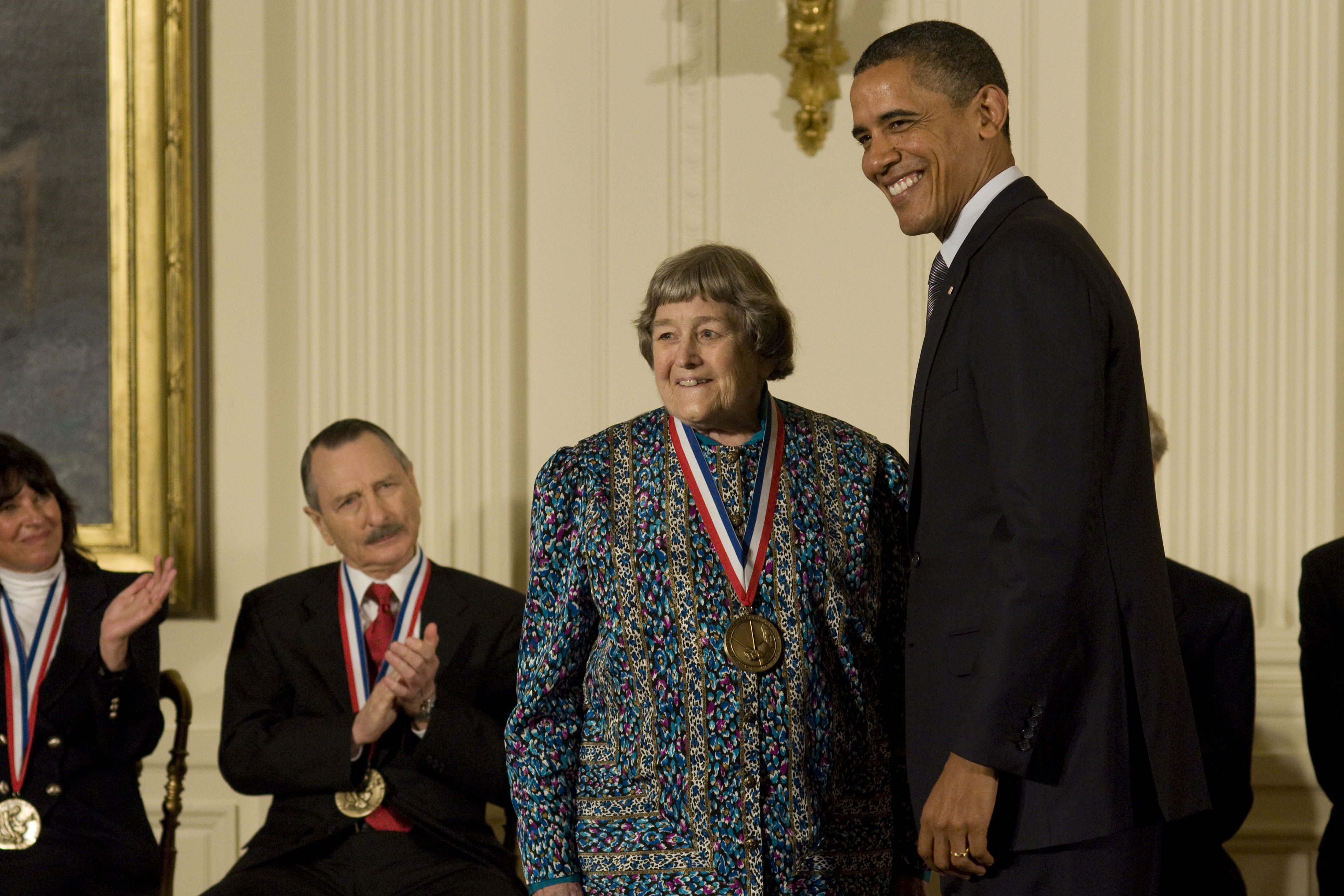 Yvonne Brill receives medal from President Obama