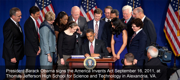 President Barack Obama signs the America Invents Act September 16, 2011, at Thomas Jefferson High School for Science and Technology in Alexandria, VA