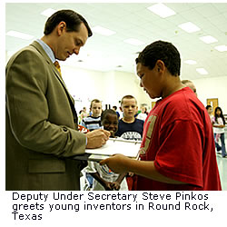 Deputy Under Secretary Steve Pinkos greets young inventors in Round Rock, Texas