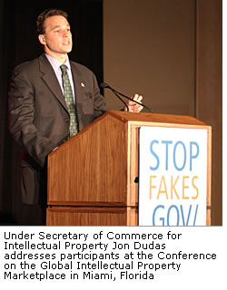 Under Secretary of Commerce for Intellectual Propert Jon Dudas addresses participants at the Conference on the Global Intellectual Property Marketplace in Miami, Florida