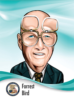 Portrait of Forrest Bird in caricature style wearing his signature flip up glasses