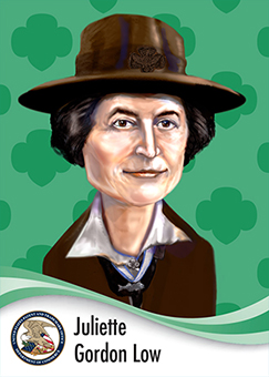 Image of Juliette Gordon Low in caricature form wearing a scout hat