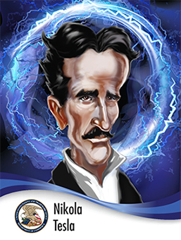 Portrait of Nikola Tesla in caricature style surrounded by lightning