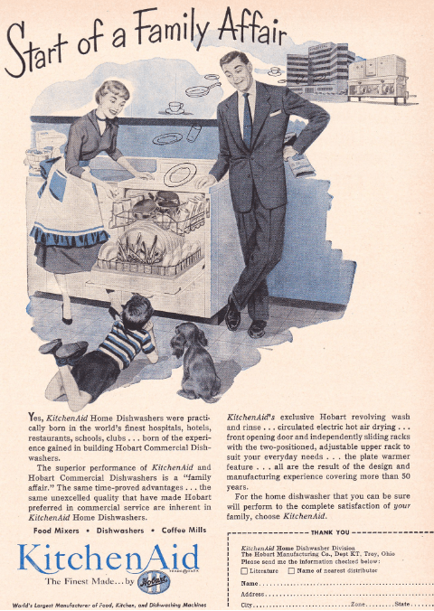 Image: 1950s KitchenAid advertisement promotes the dishwasher for home use in the foreground, by showing its past performance in larger industrial settings like hospitals and hotels, shown in the upper right.