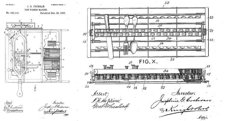 Image: Cochran’s U.S. patent no. 355,139 for a “dish washing machine” also included a system for cleaning flatware as well as dishes, as shown in the patent drawing.