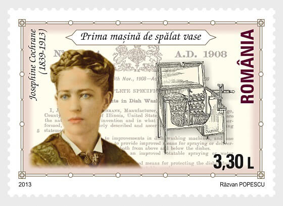 Romanian stamp commemorating Josephine Cochran, depicts Cochran as a young women with a line illustration of her dishwasher.