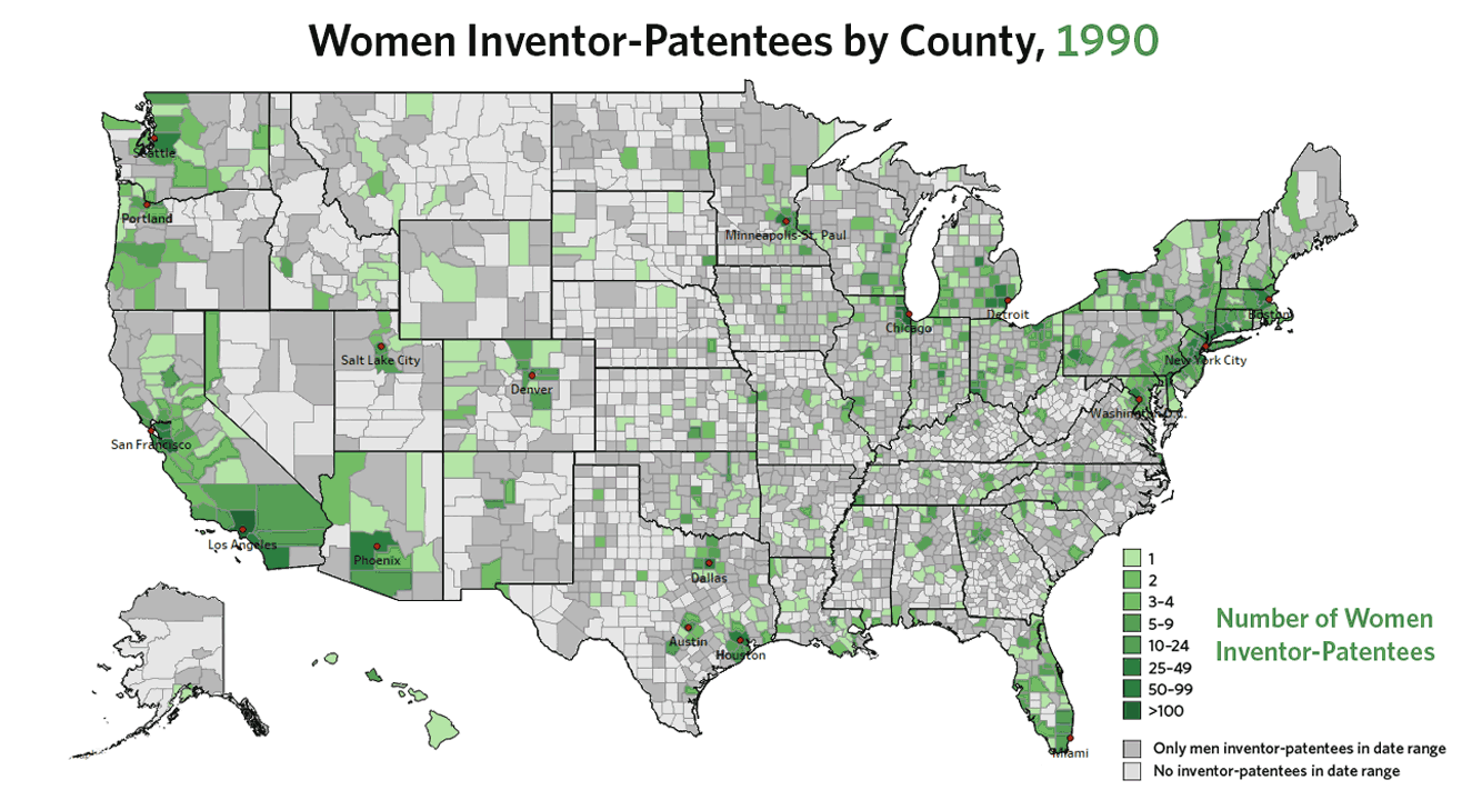 Animated map -- women inventor-patentees by county, 1990 to present