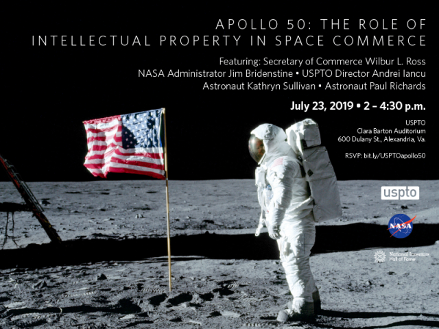 some text in white font; image of American flag and man in space suit on the moon