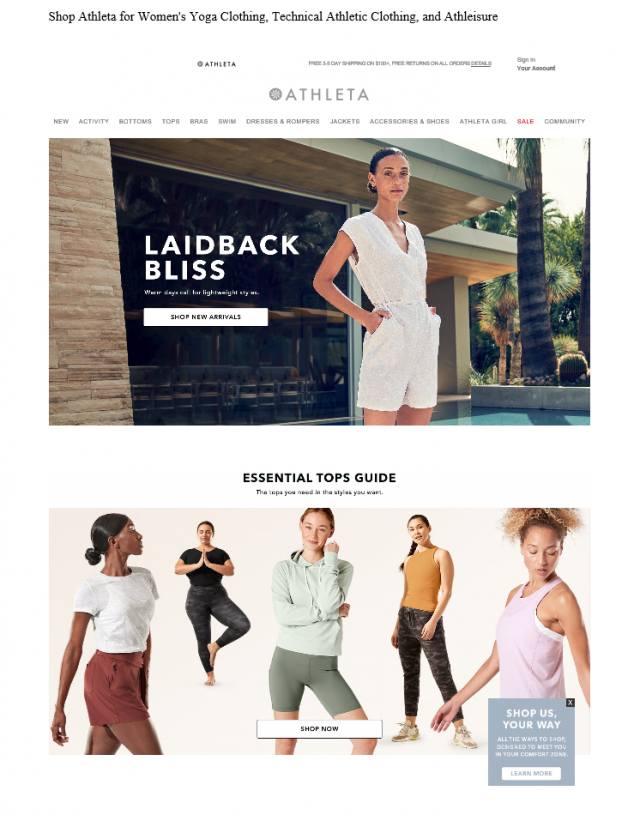 Example of an incorrect webpage specimen. This example shows a print view of the Athleta store webpage without showing the URL or date the webpage was accessed.