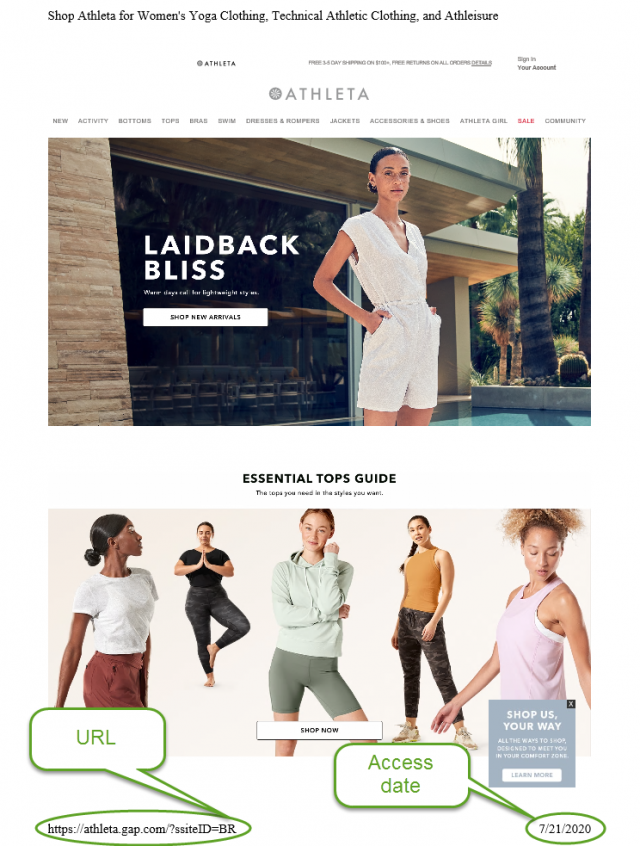  Example of a correct webpage specimen. This example shows a print view of the Athleta store webpage with the URL or date the webpage was accessed.