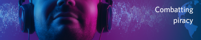  Combatting piracy against the background of a person listening to music with earphones showing digital music flowing into them.