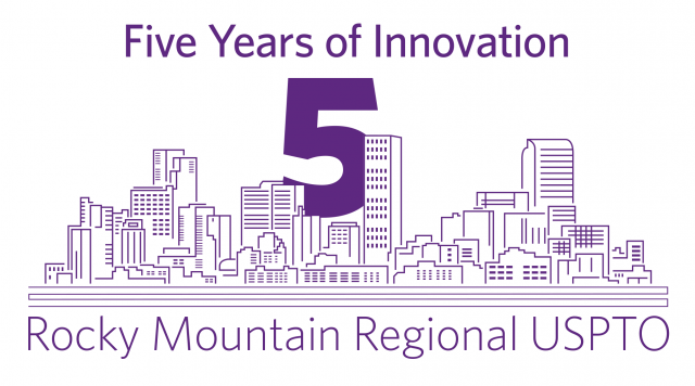 purple text and graphic on a white background; "Five Years of Innovation" "5" "Rocky Mountain Regional USPTO"