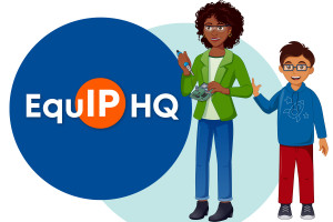 a woman holding a tool and a circuit board and a boy waving standing next to the EquipHQ logo.