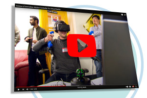 a male wearing a virtual reality headset and holding the controller in both hands with two men standing behind him. 