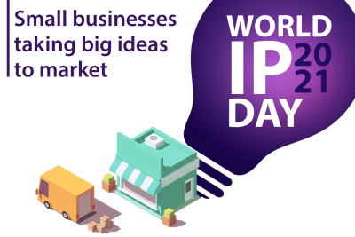 World IP Day signature illustration of delivery truck and small business building. 