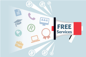Free Services graphic depicting a megaphone projection various intellectual property services icons.