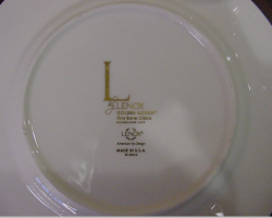 Lenox specimen shows trademark use for China plates. The specimen is a photograph showing the trademark printed on the bottom of a plate.