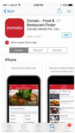 Zomato specimen showing trademark use for a specific type of downloadable app. The specimen is a screenshot of an app store webpage selling the app. The trademark is shown in the upper left of the screen.