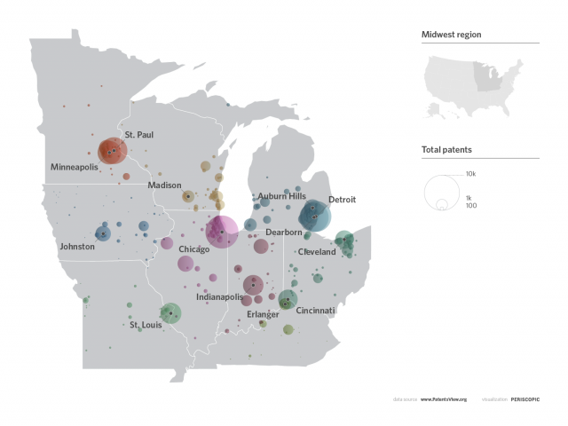 Geographic visualization of patents in the upper midwest