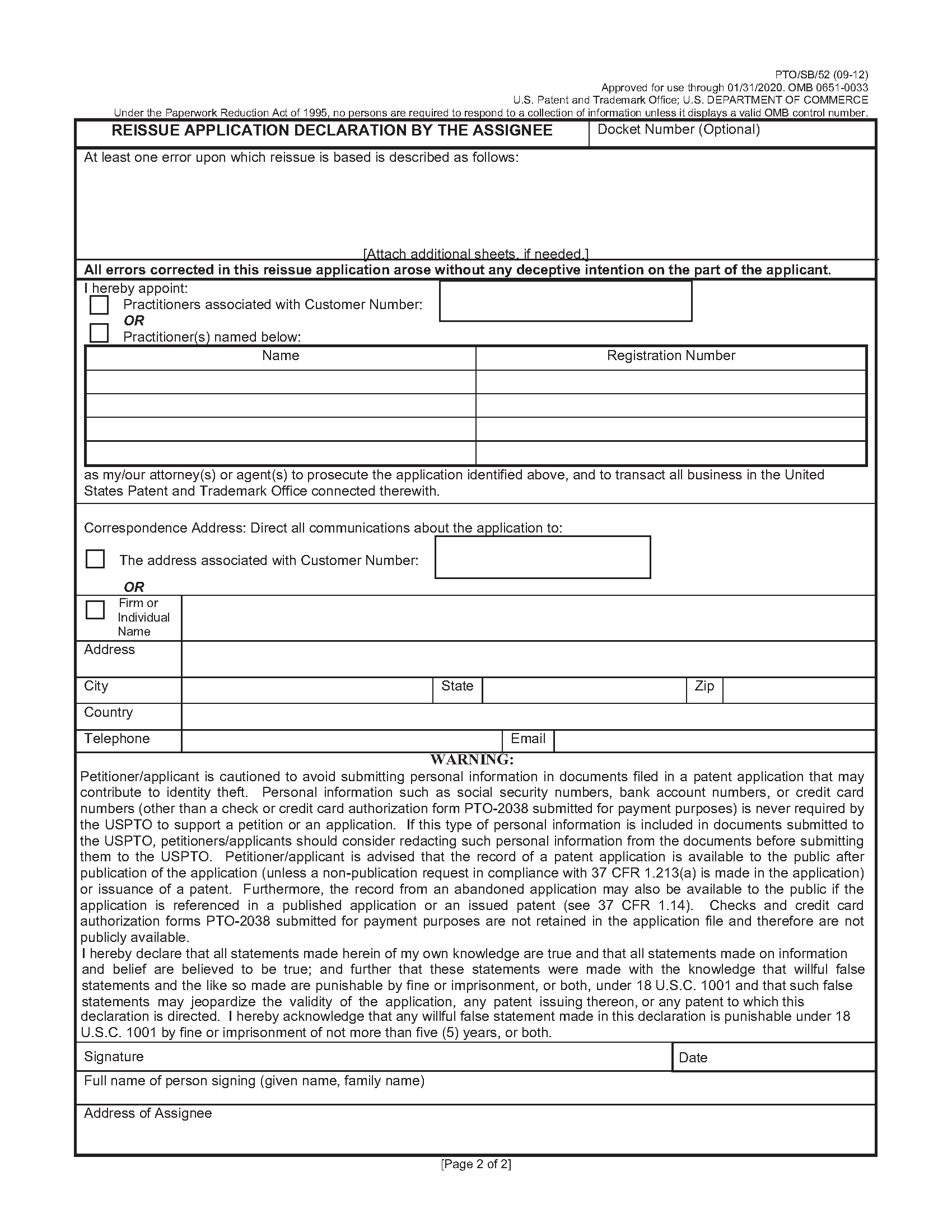 Reissue Application Declaration by the Assignee Page 2