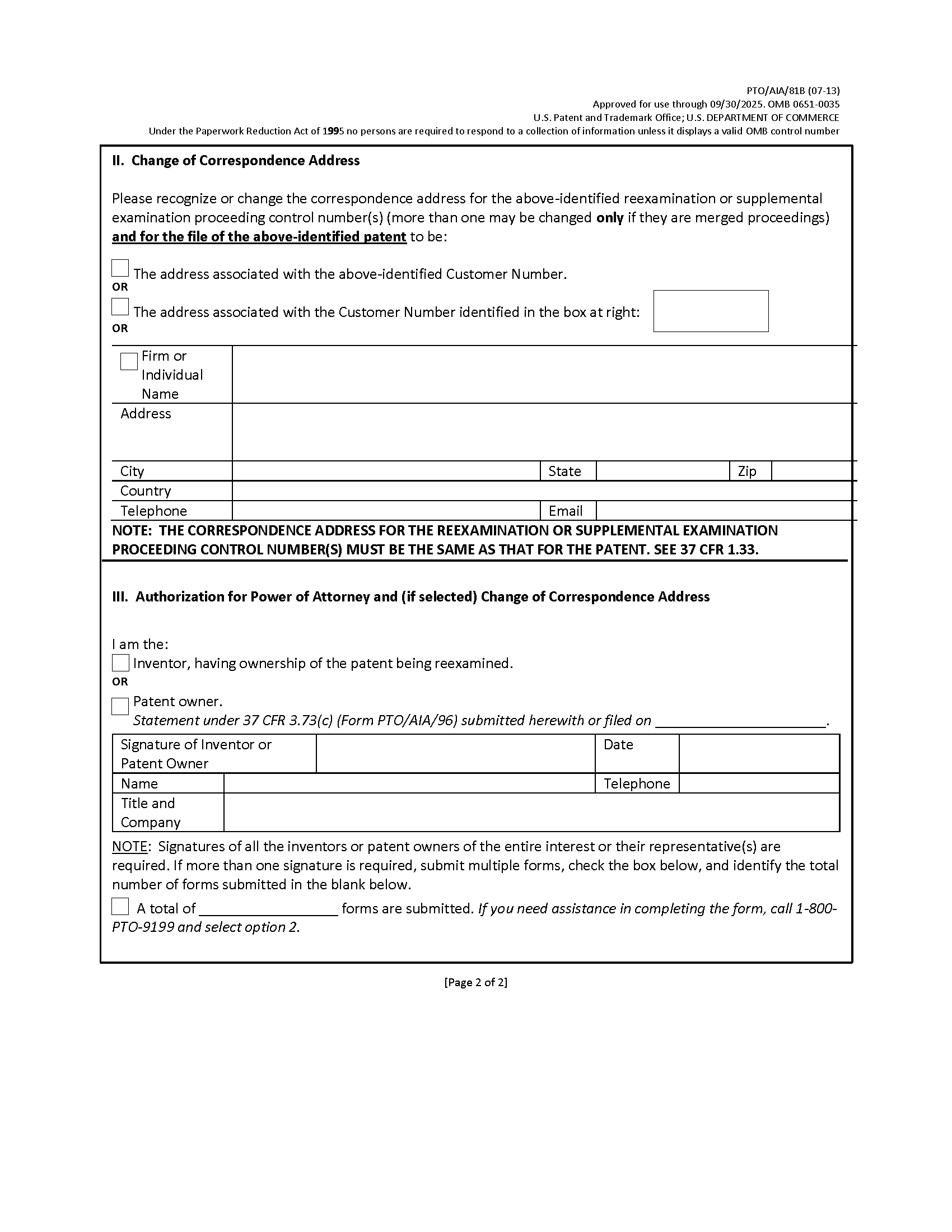 Page 2 of Form PTO/AIA/81B Reexamination or Supplemental Examination - Patent Owner Power of Attorney or Revocation of Power of Attorney With New Power of Attorney and Change of Correspondence Address