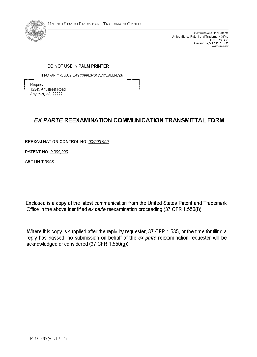 Form PTOL-465. Ex Parte Reexamination Communication Transmittal Form