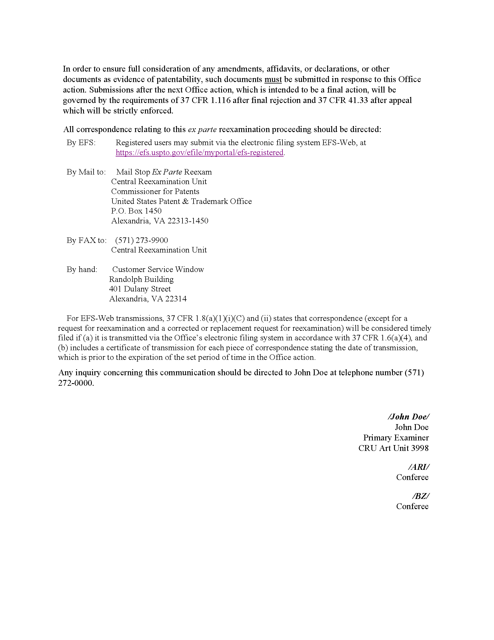 Text of a sample Office Action from Reexamination Proceeding (page 2 of 2)