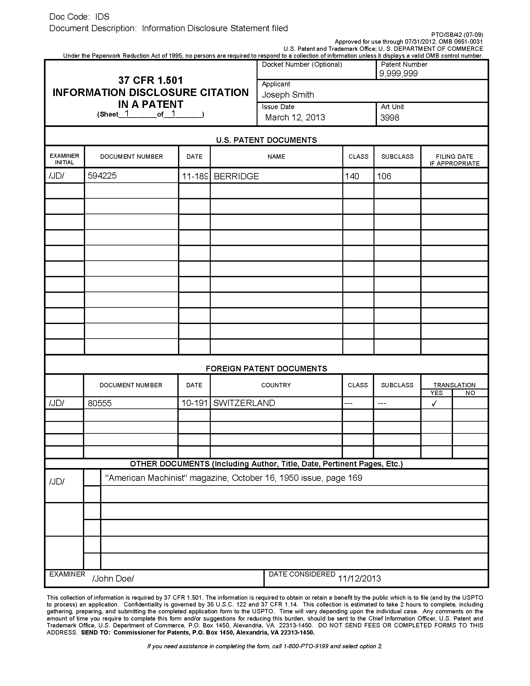 Form PTO/SB/42. 37 CFR 1.501 Information Disclosure Citation in a Patent