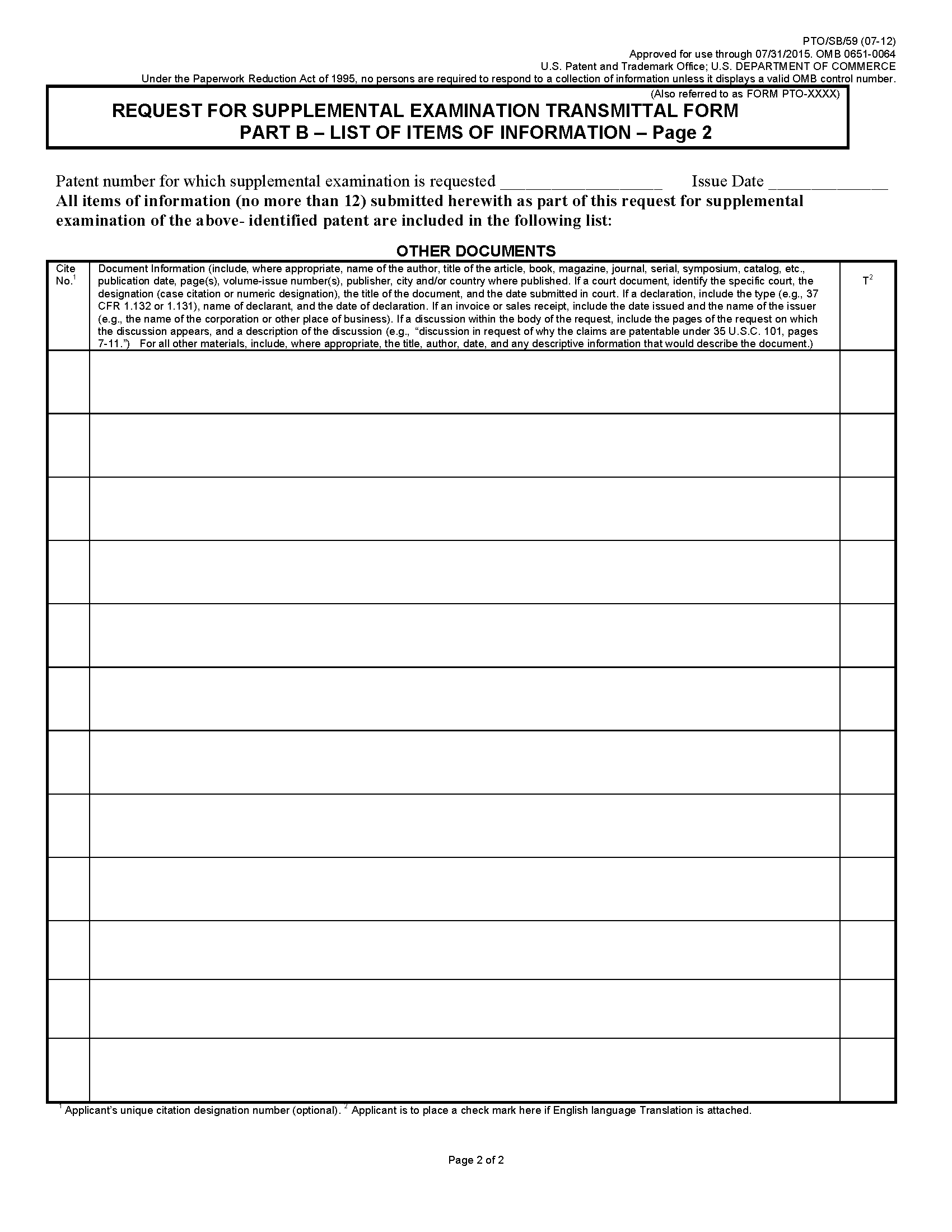 Form PTO/SB/59. Page 2 of 2. Request for Supplemantal Examination Transmittal Form - Part B. List of Items of Information.