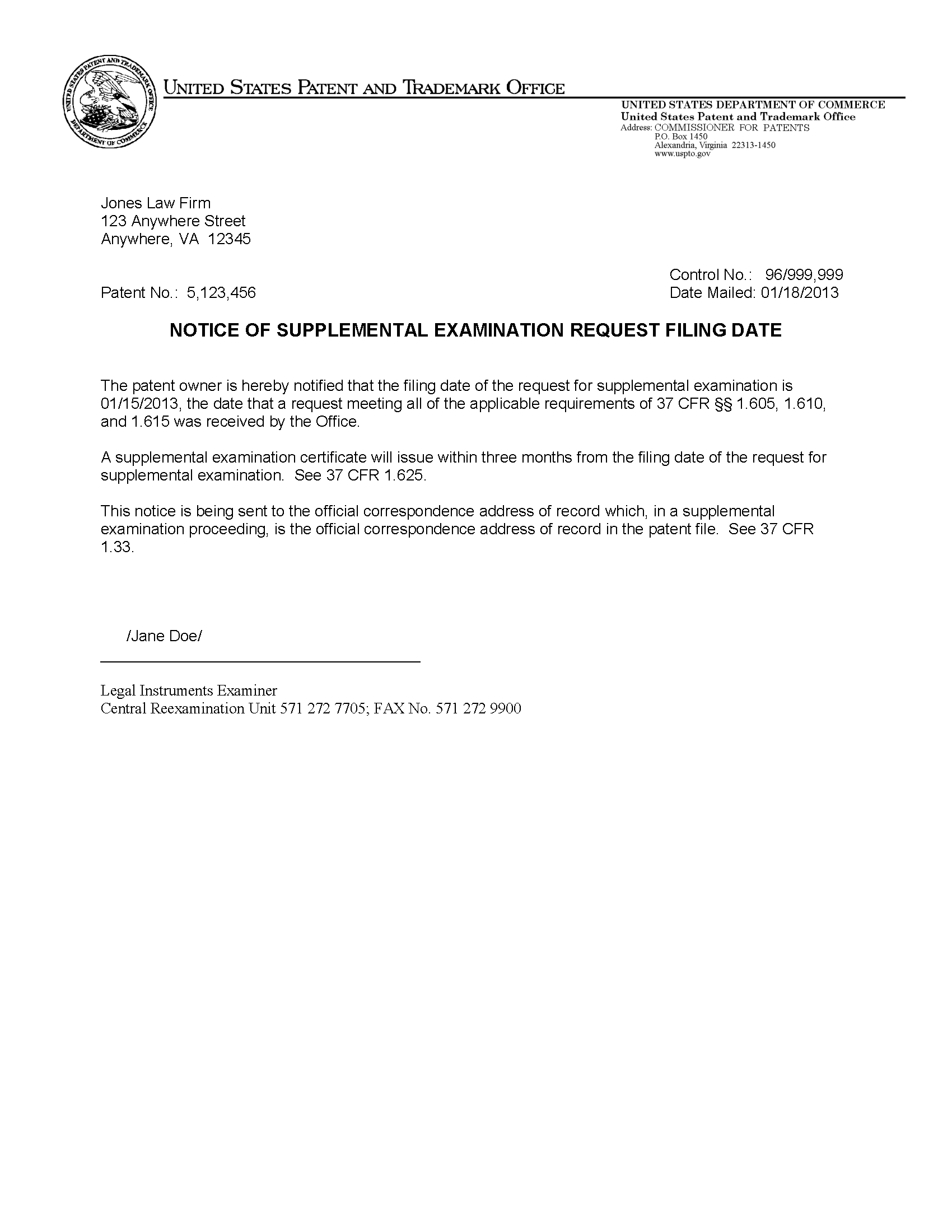 Notice of Supplemental Examination Request Filing Date