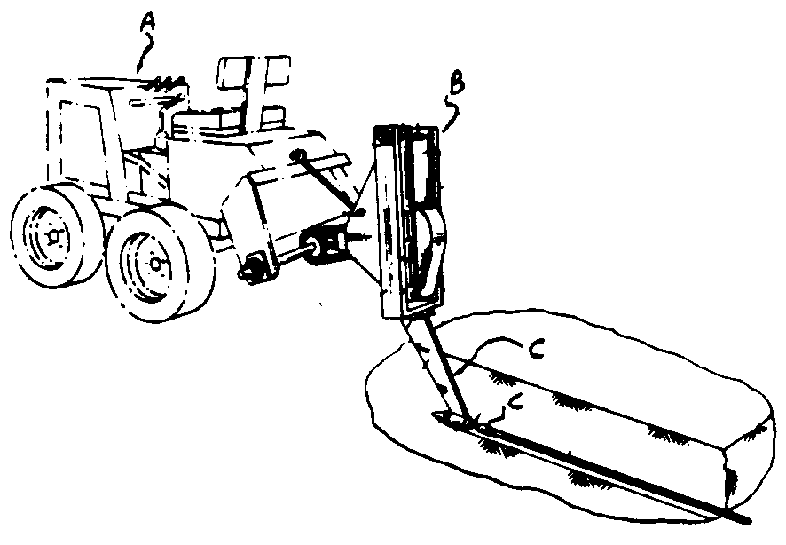 A - Vehicle; B - Plow support; C - Mole plow assembly
