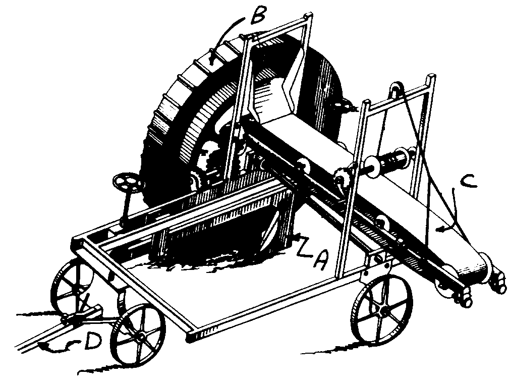 A - Plow; B - Transverse conveyor wheel; C - Endless conveyor;D - Draft connection
