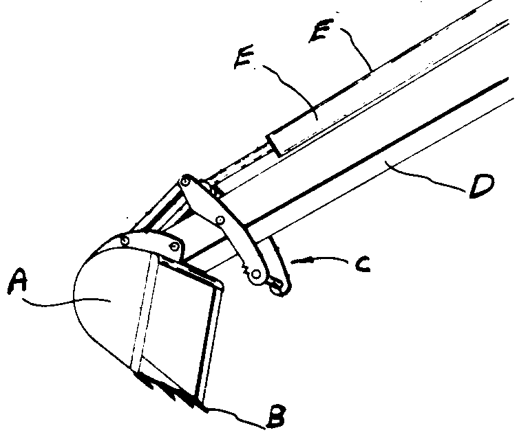 FIG. 2 - COMBINED WITH CLAMP A- Bucket; B - Digging teeth; C - Clamp; D - Boom stick; E - Control means
