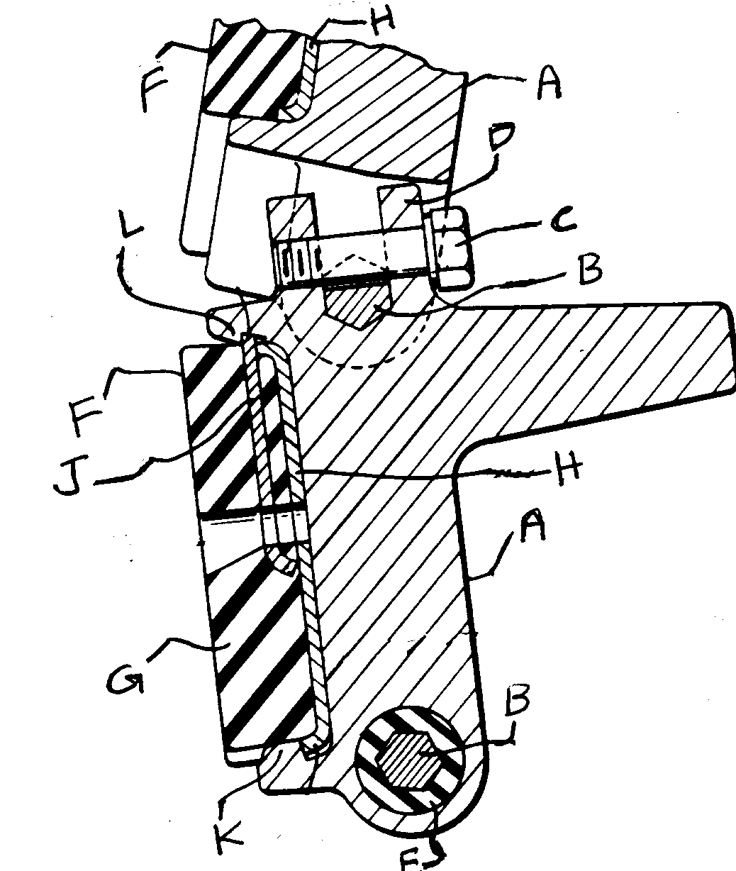 A - Grouser plate; B - Bushing pin; C - Lock bolt; D - Bifurcatedfastening plate; E - Resilient bushing; F, G - Rubberlike treadpad; H - Support plate; J - Support plate; K, L - Grouser platelips
