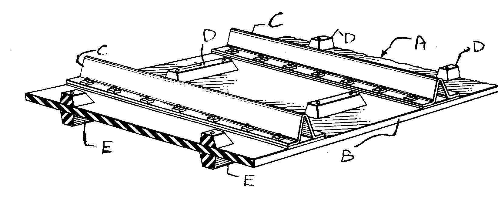 A - Flexible track; B - Reinforced rubber belt; C - Transversegrouser (removable); D - Skid contraction lug; E - Drive lugs
