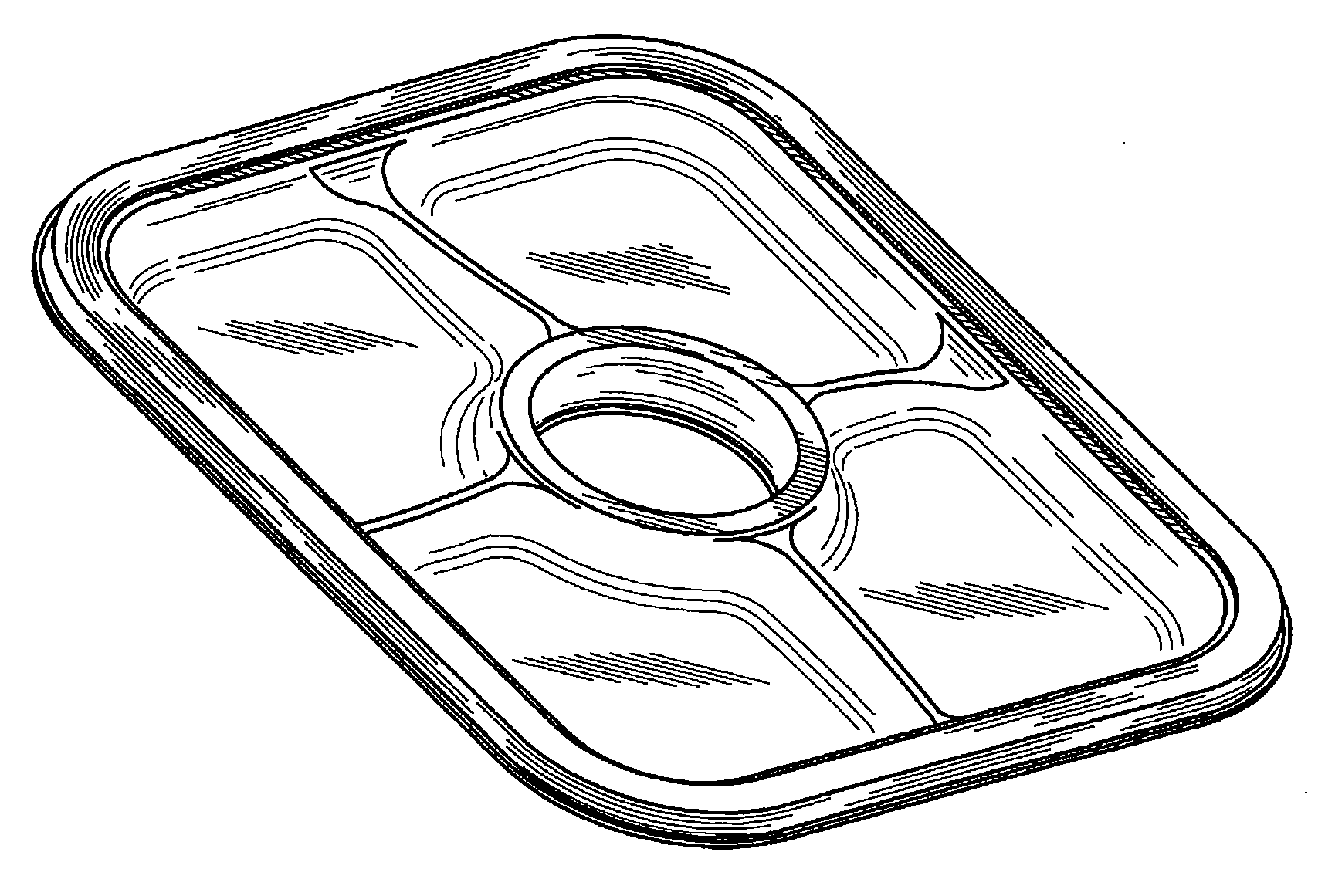 Example of a design for a compartmented tray with a rectangularperimeter that is symmetrical and shows a circular compartment.
