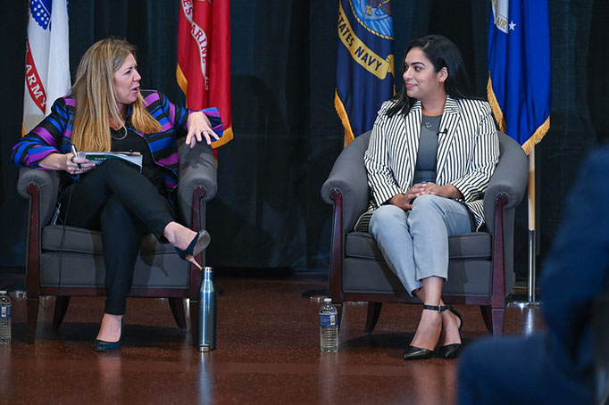 Director of the USPTO Kathi Vidal (left) speaks with Air Force veteran and entrepreneur Liseth Velez during a panel on business development resources