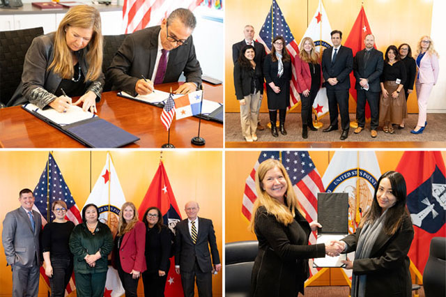 Collage of Director Vidal meeting with global IP office leaders, including photos of her signing documents, shaking hands, and posing with other leaders in front of U.S. and agency flags