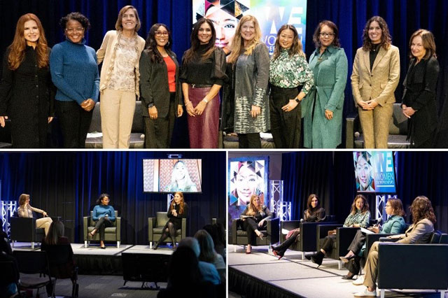 Collage of photos from a Women’s Entrepreneurship event featuring a diverse group of women on stage, engaged in a panel discussion, and a group portrait