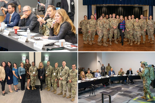 Collage of photos of Kathi Vidal visiting with service members and military spouses, some in uniform, and serving as a judge for an innovation competition