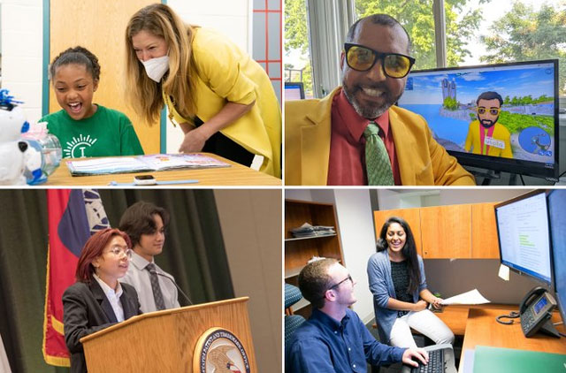Collage of photos featuring educational programming, including Kathi Vidal and a student at Camp Invention, a staff member posing with his virtual avatar, high school students speaking at a podium, and college interns chatting in an office