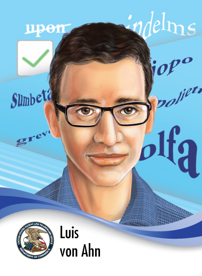Portrait of Luis von Ahn in caricature style with a background with distorted text