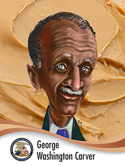 Portrait of G W Carver in caricature style with a background made out of peanut butter